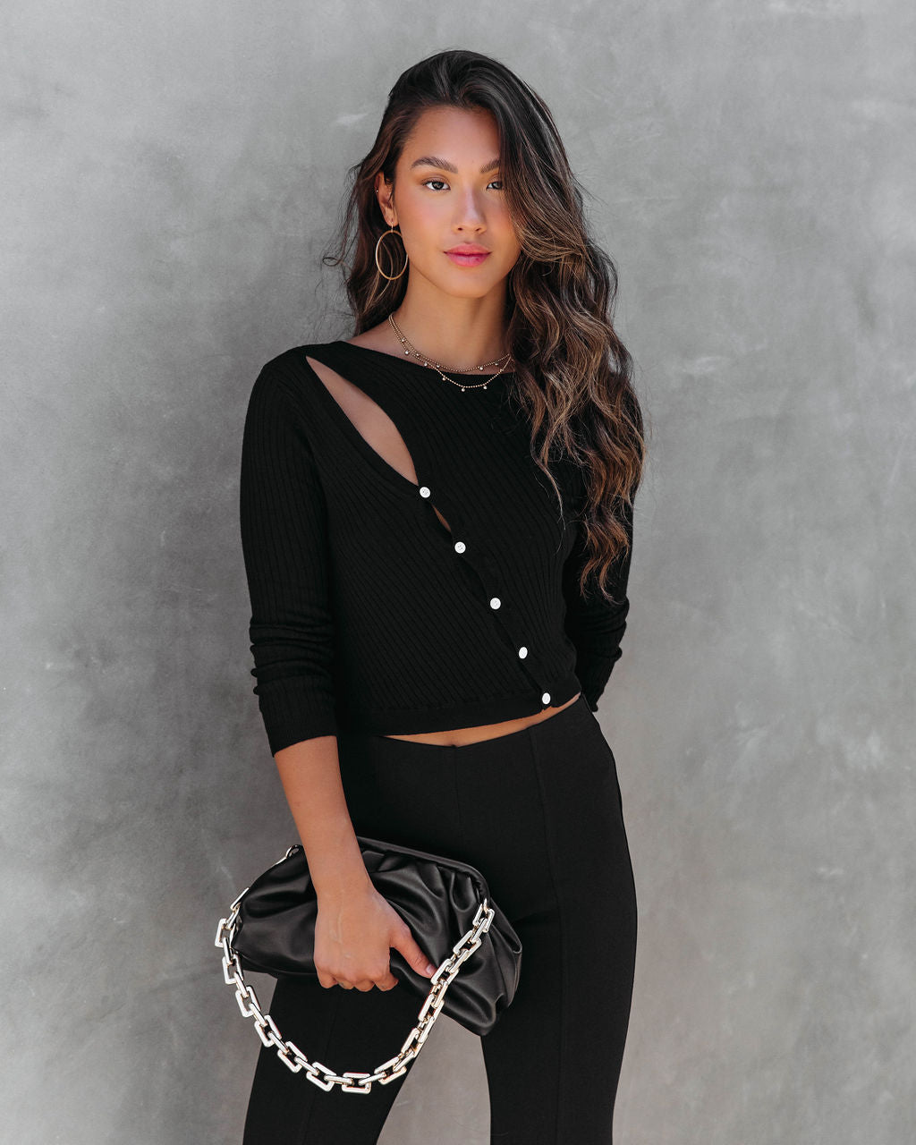 Look At Me Knit Cutout Long Sleeve Top - Black