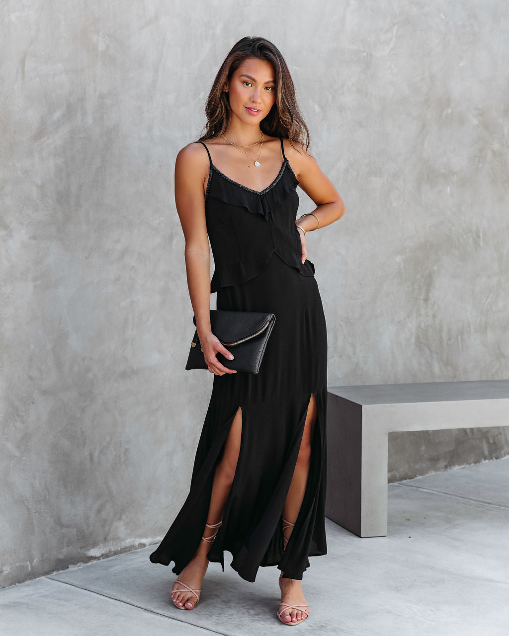 Glistening Romance Beaded Ruffle Maxi Dress - Black - FINAL SALE