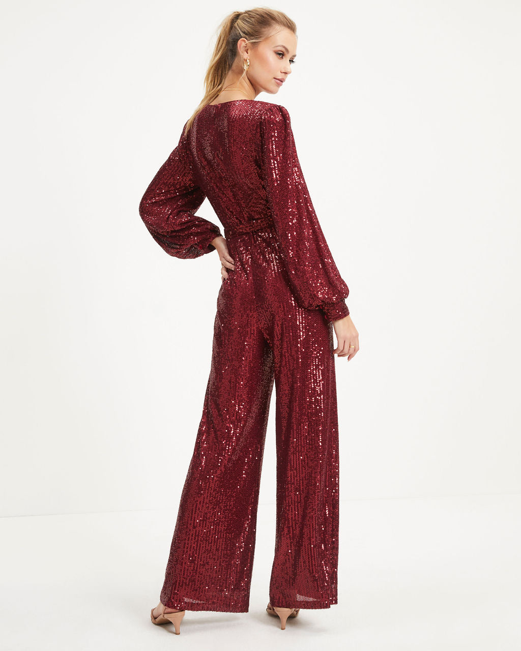 Whole New World Sequin Front Tie Jumpsuit - Burgundy