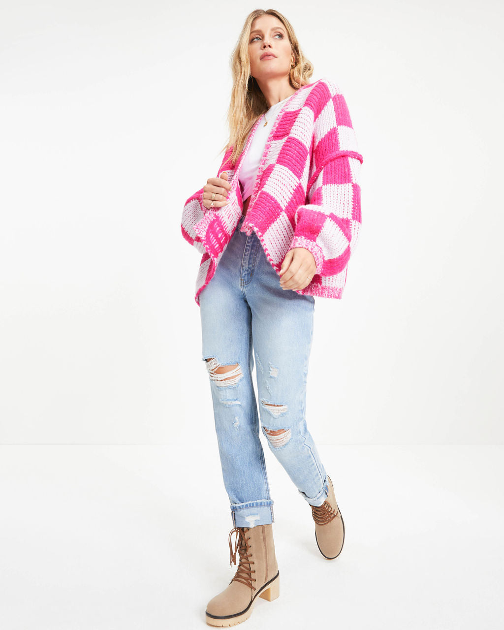 Checking All The Boxes Knit Cardigan - Fuchsia