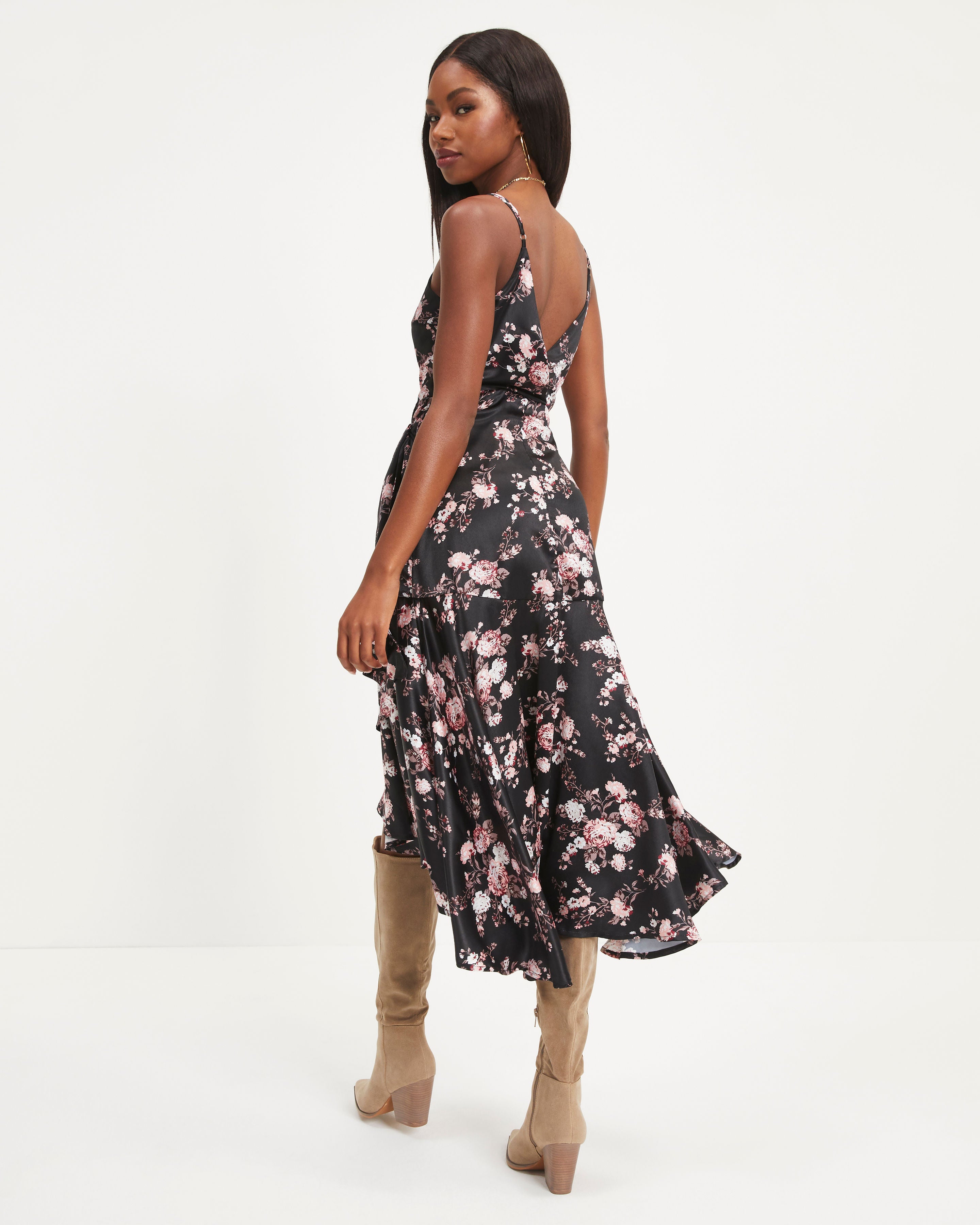 Yountville Satin Floral Wrap Midi Dress