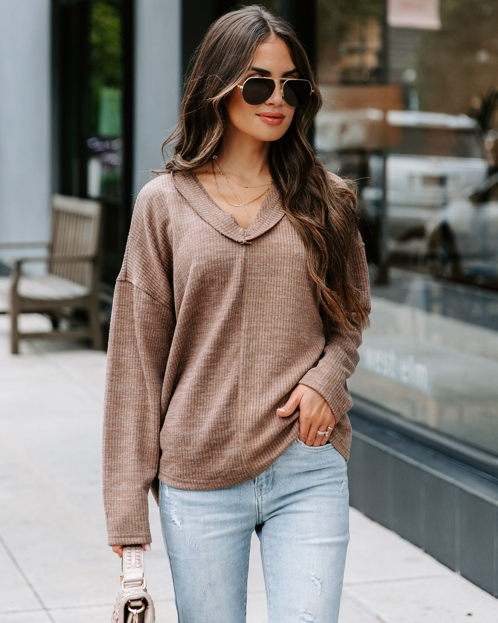 Touch Of Fall Oversized Ribbed Long Sleeve Top - Cocoa