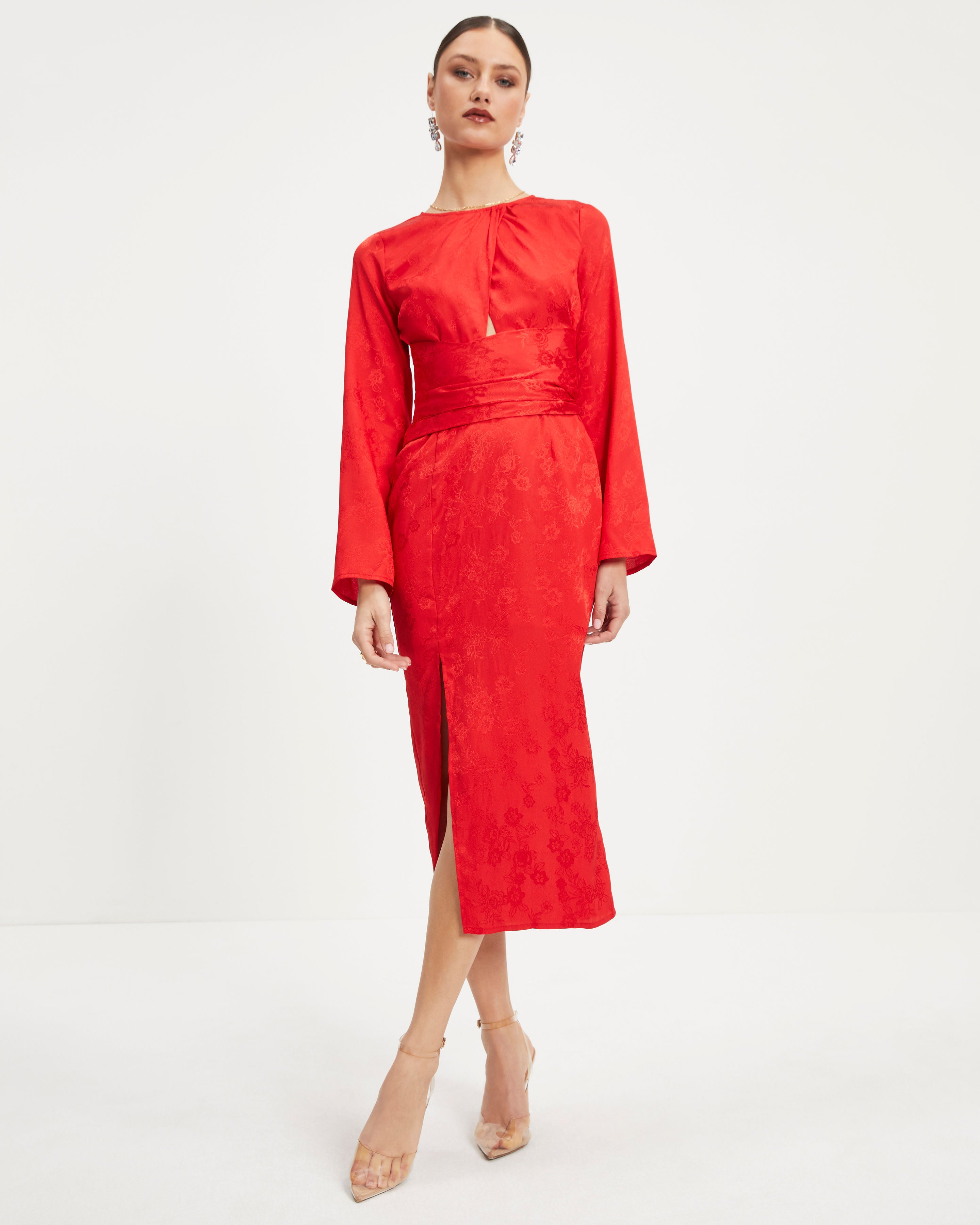 Divine Rights Satin Floral Cutout Midi Dress - Red