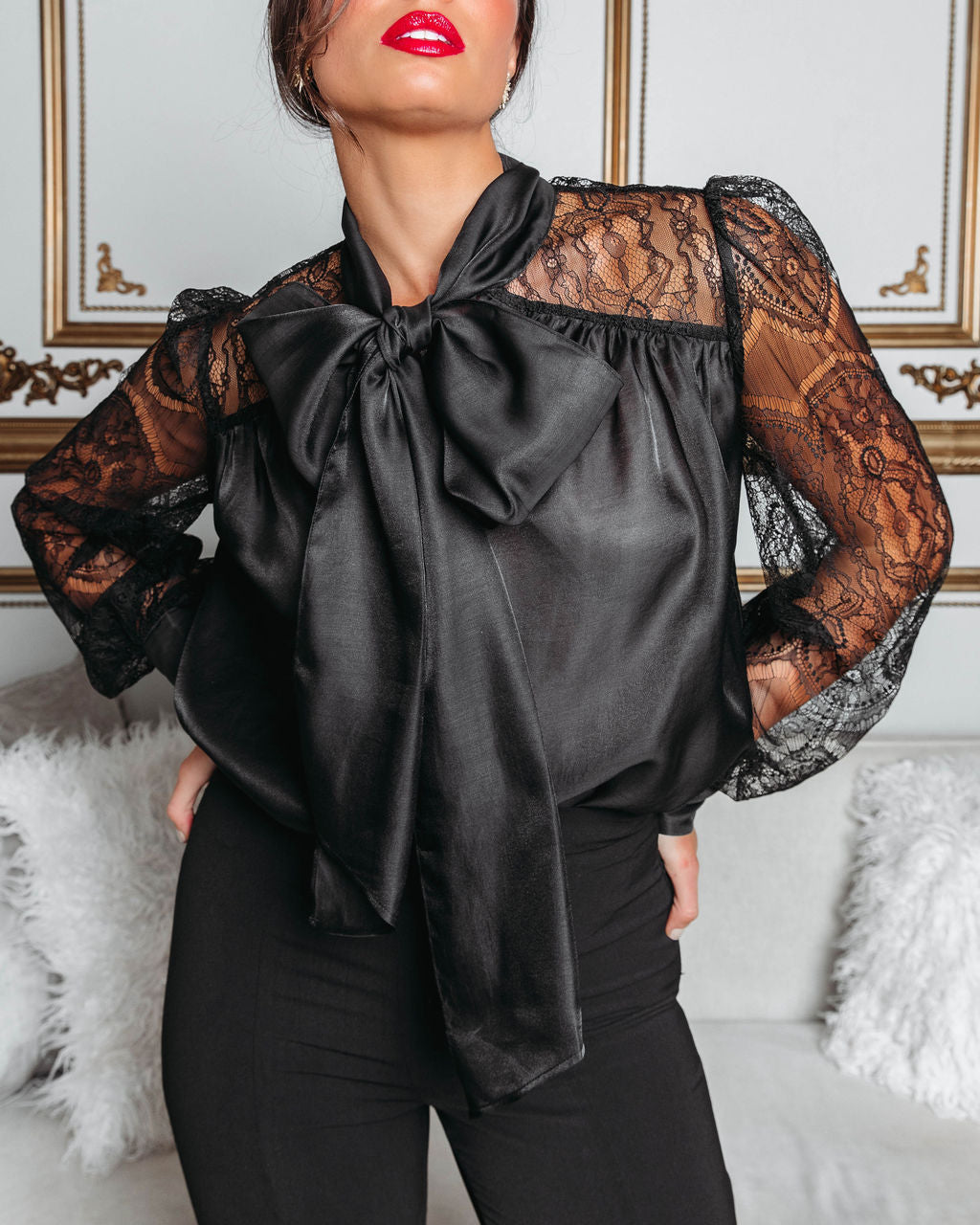 Memory Lane Strolls Lace Neck Tie Top - Black