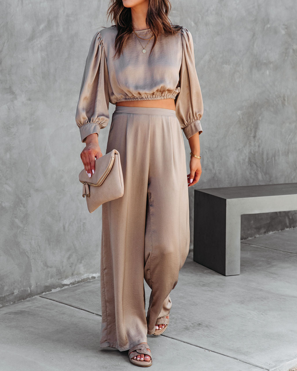 Attention Please Balloon Sleeve Crop Top - Taupe