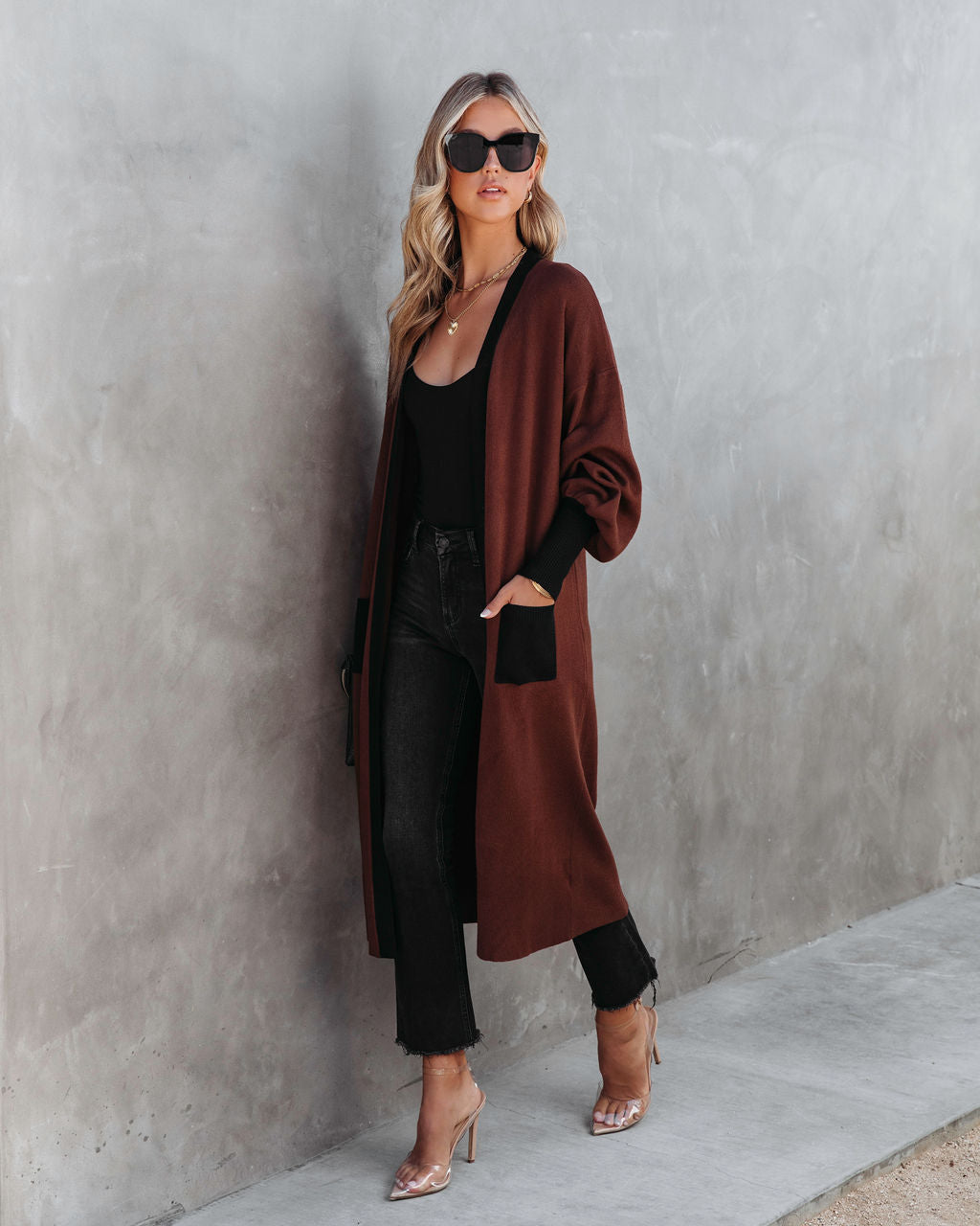 Weekend Errands Pocketed Duster Cardigan - Chocolate