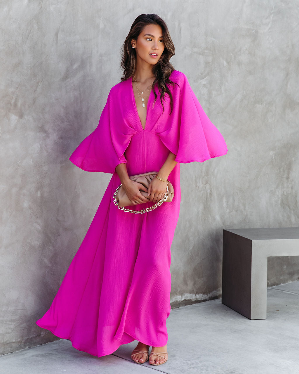 Beauty Meets Elegance Cape Sleeve Maxi Dress - Hot Pink