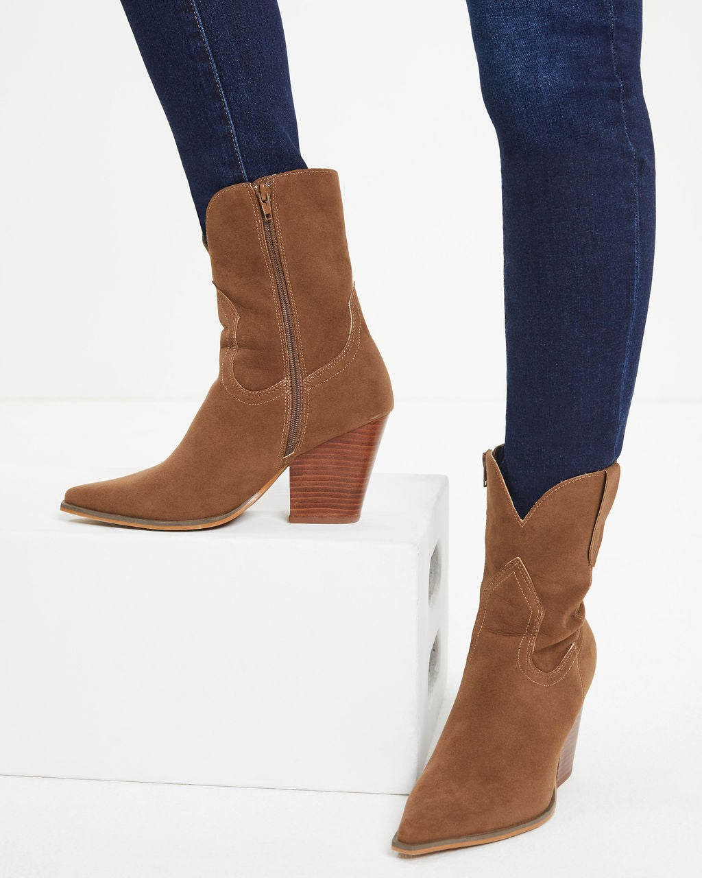 Clare Faux Suede Heeled Western Boot - Coffee