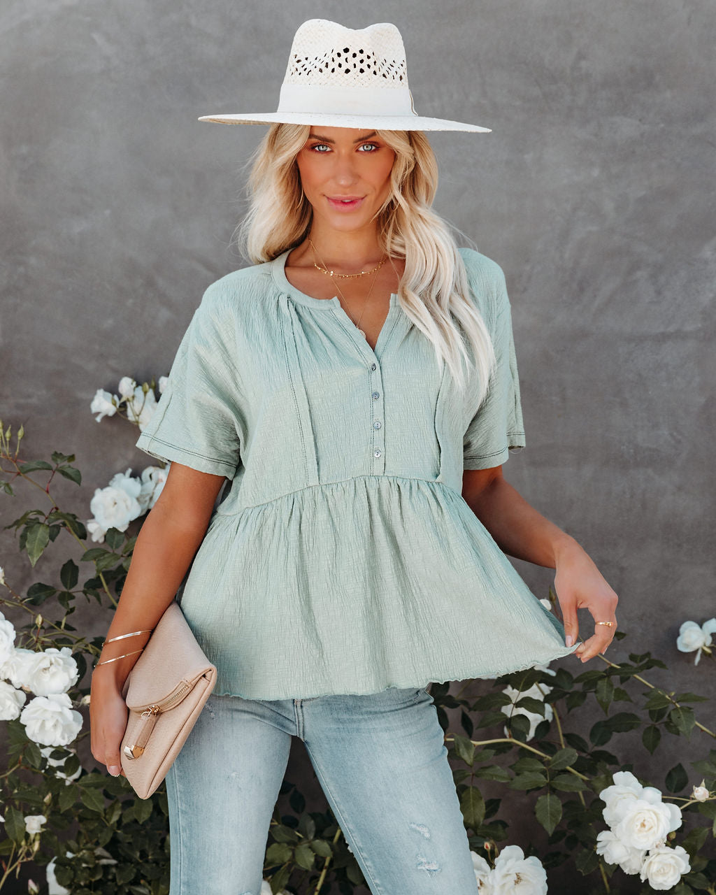 Raena Cotton Button Down Babydoll Top - Dusty Sage - FINAL SALE