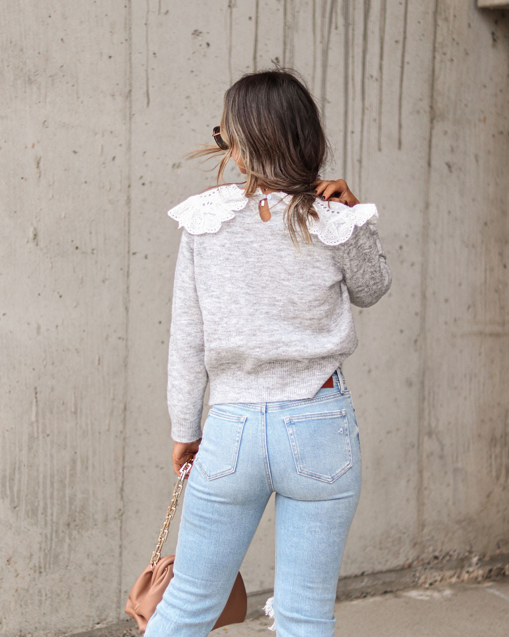 Wendy Knit Eyelet Collar Pullover Sweater - Grey