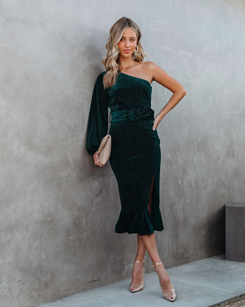 Honestly Breathtaking One Shoulder Belted Textured Velvet Midi Dress - Pine