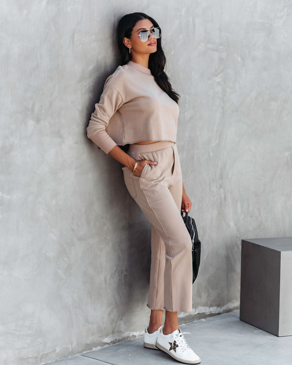 Airport Glam Cotton Mock Neck Long Sleeve Top - Camel