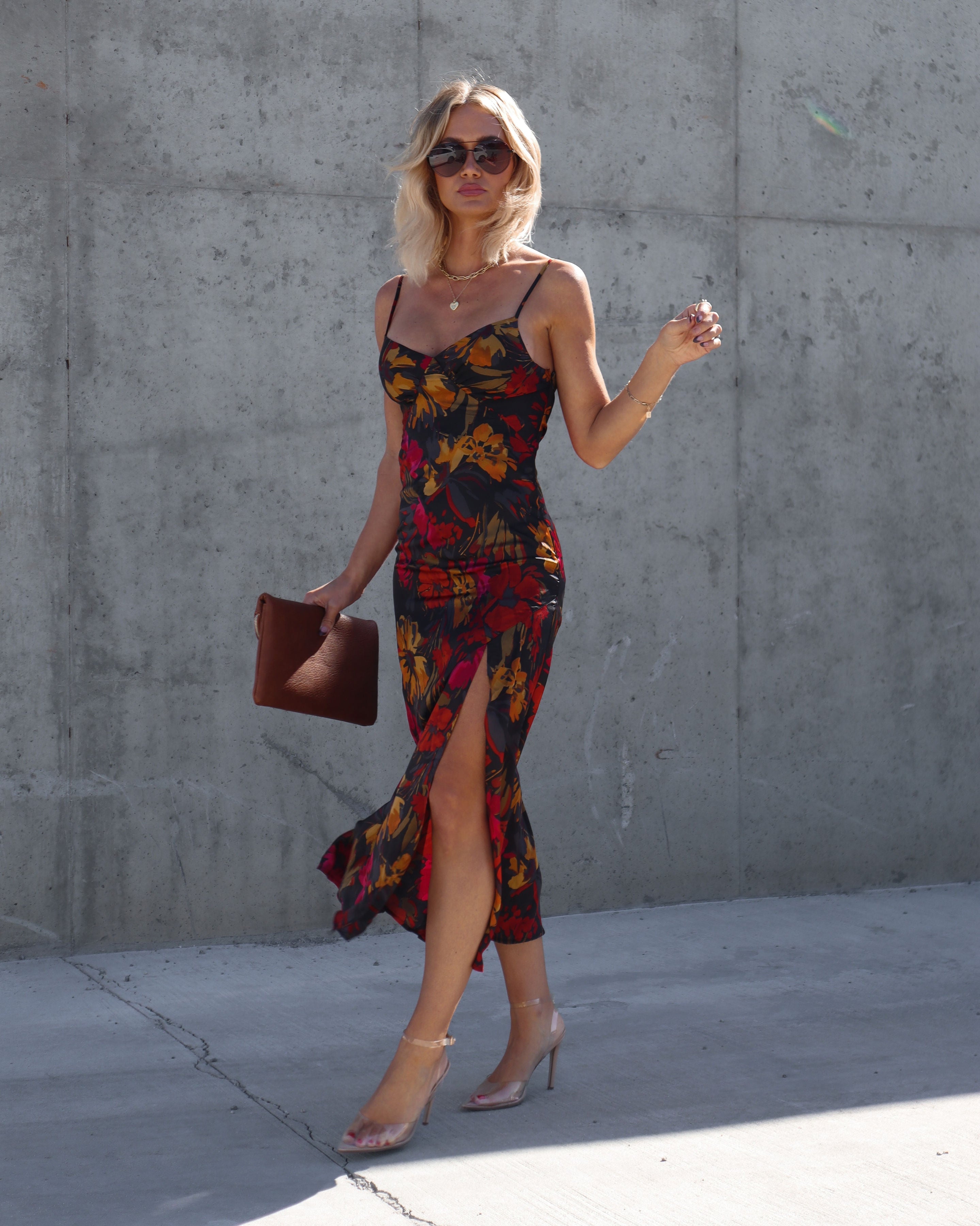 Brandy Satin Floral Slit Midi Dress