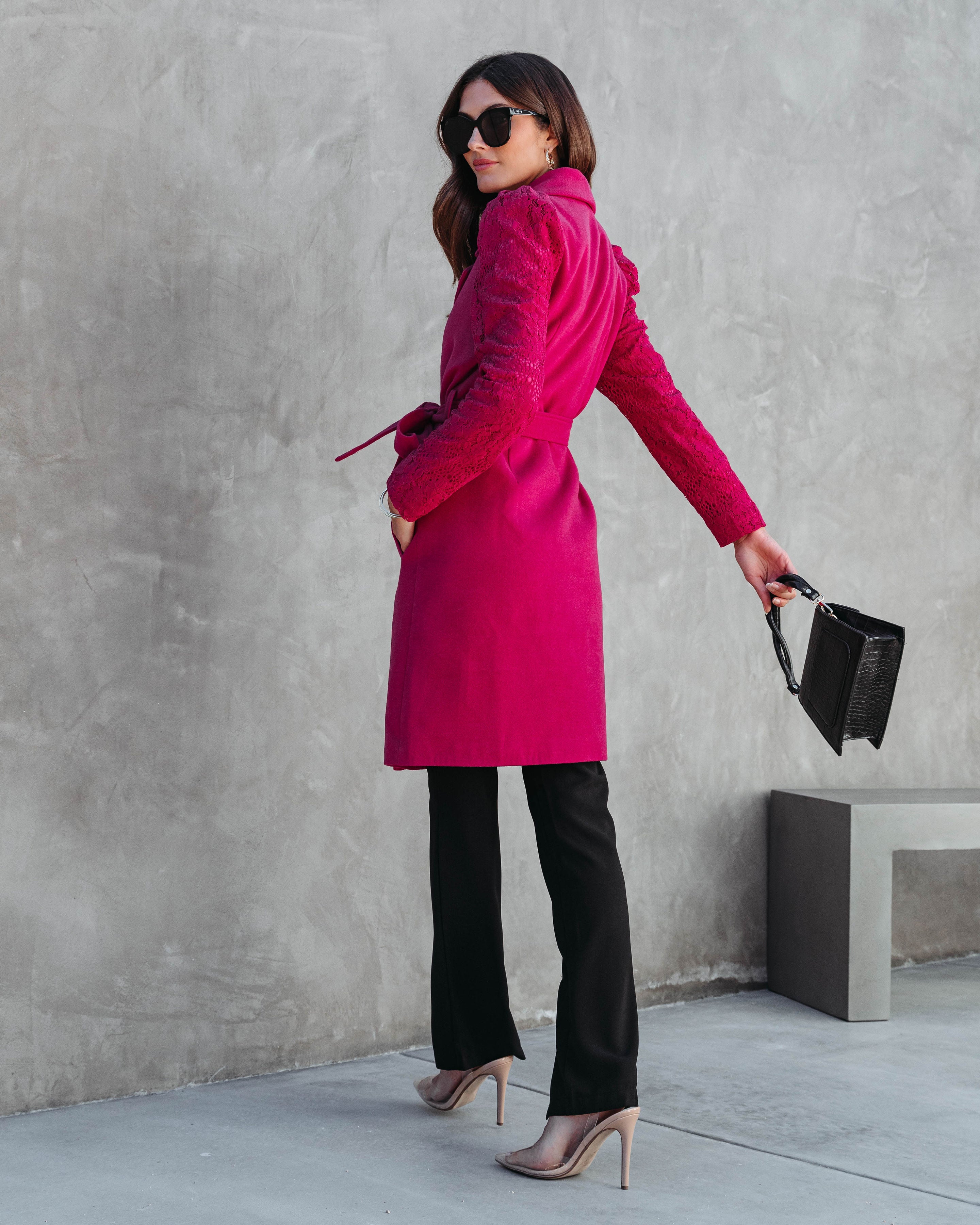 Eileen Pocketed Lace Sleeve Coat - Berry
