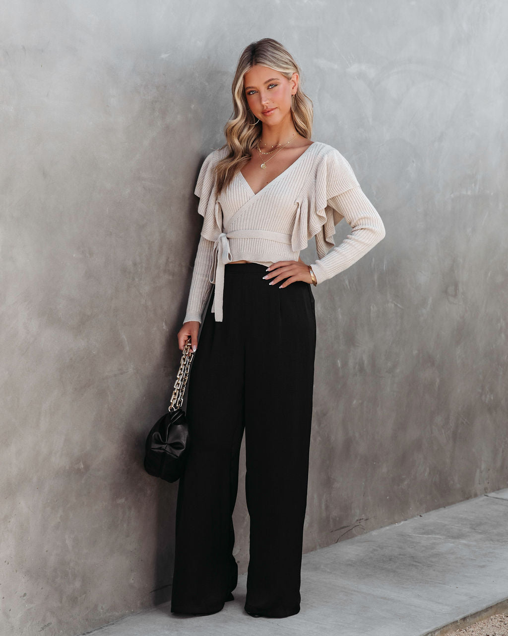 Myra Knit Ruffle Sweater Top - Beige