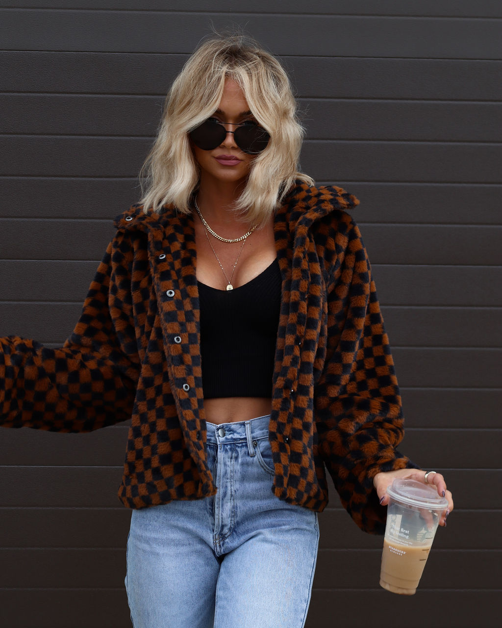 Completely Checked Out Pocketed Faux Fur Jacket