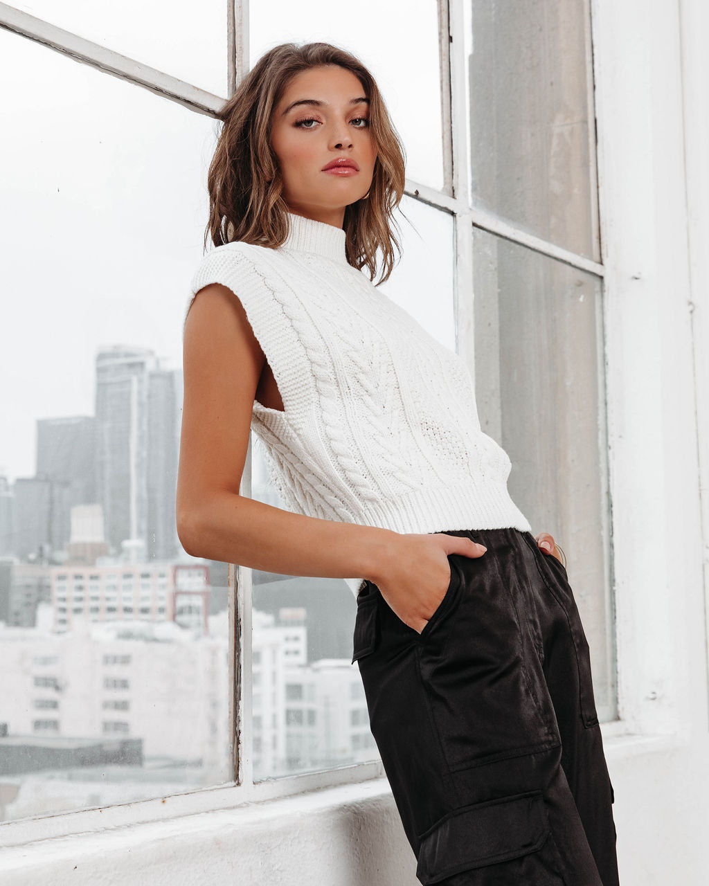 Diana Cable Knit Mock Neck Sweater Vest - Ivory
