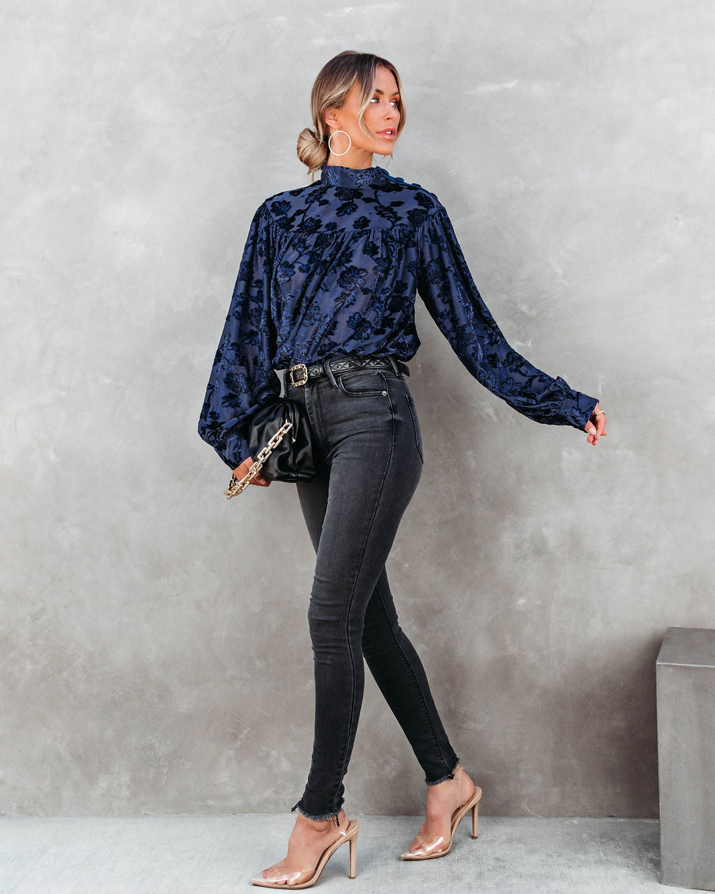 Jane Floral Burnout Velvet Top - Navy