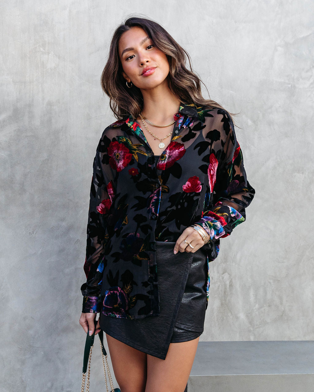 Allie Burnout Velvet Button Down Top - Black