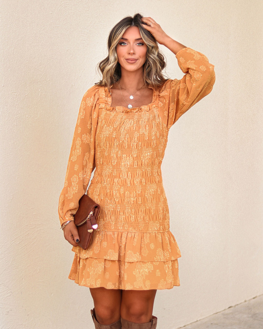 Claudine Floral Smocked Mini Dress - Dusty Marigold
