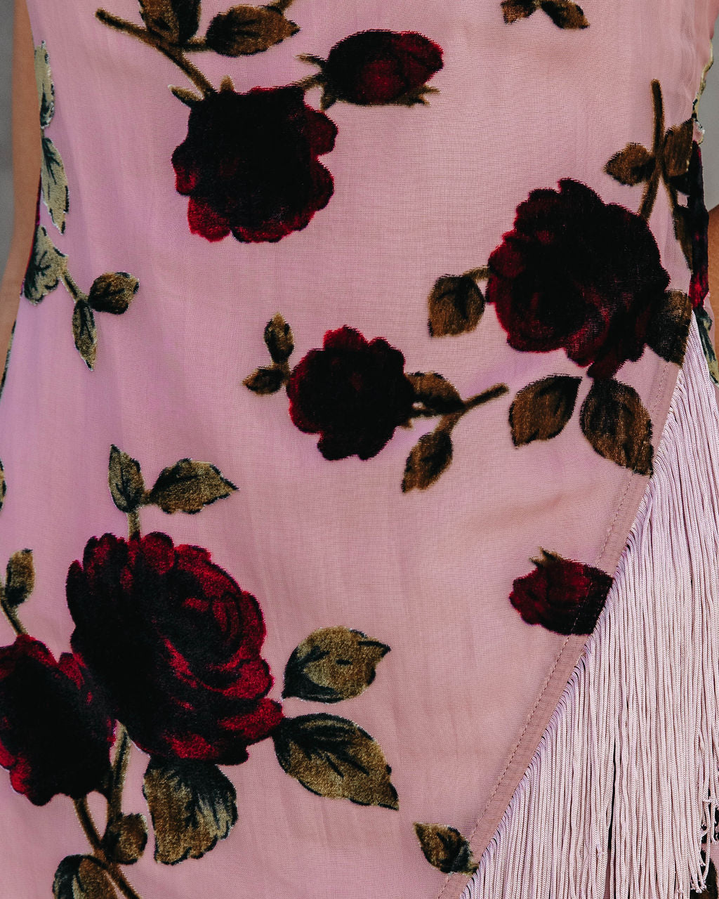 Life Is Beautiful Burnout Velvet Halter Fringe Mini Dress - Mauve