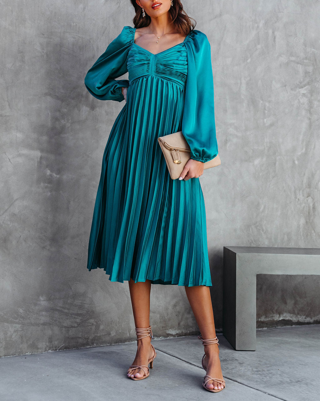 Romantic One Satin Pleated Midi Dress - Emerald