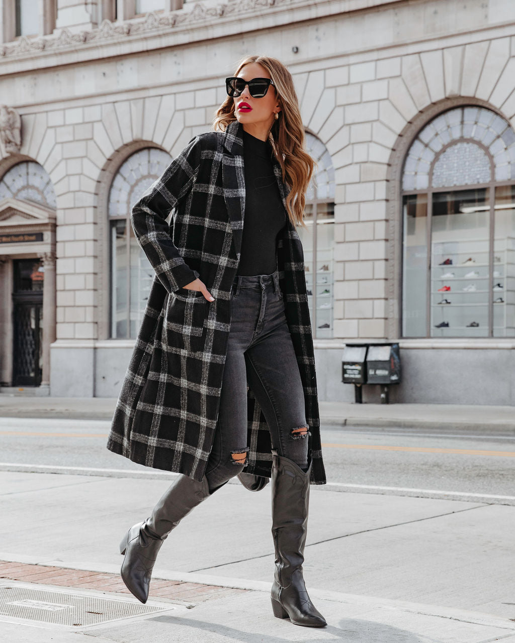 Francesca Plaid Pocketed Coat - Black