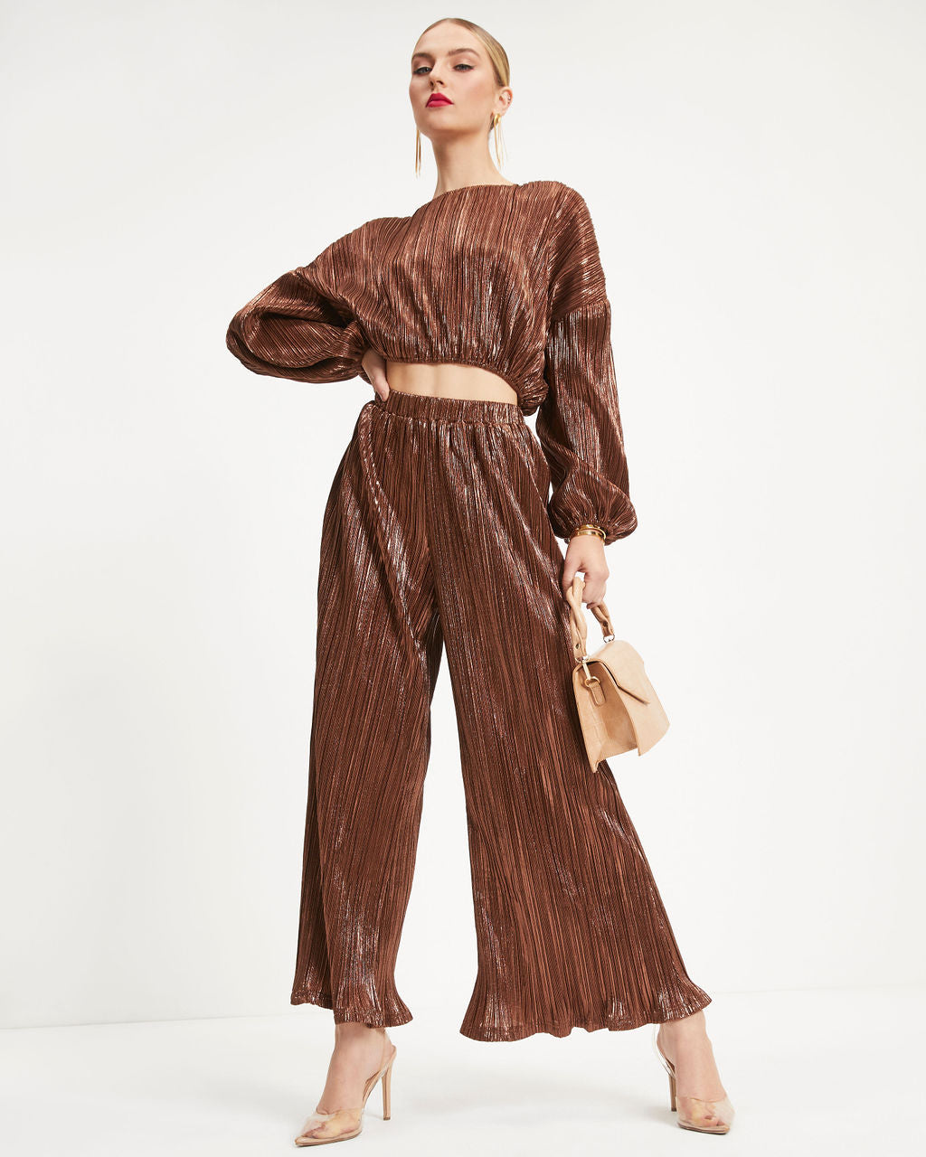 Kiyara Billowed Shimmer Plisse Top - Bronze