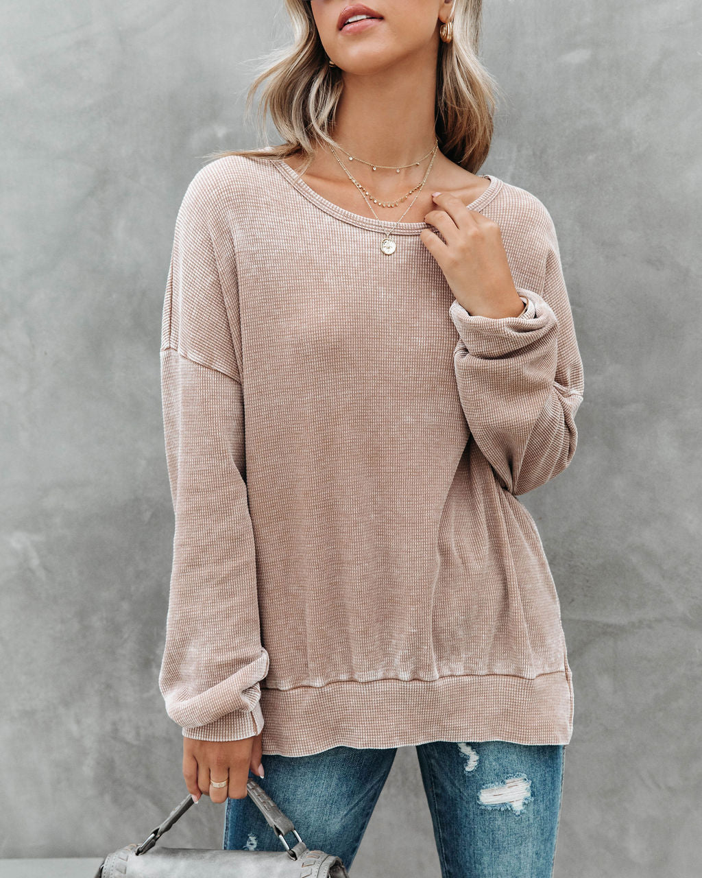 Tahoe Bound Waffle Knit Long Sleeve Top - Light Mocha