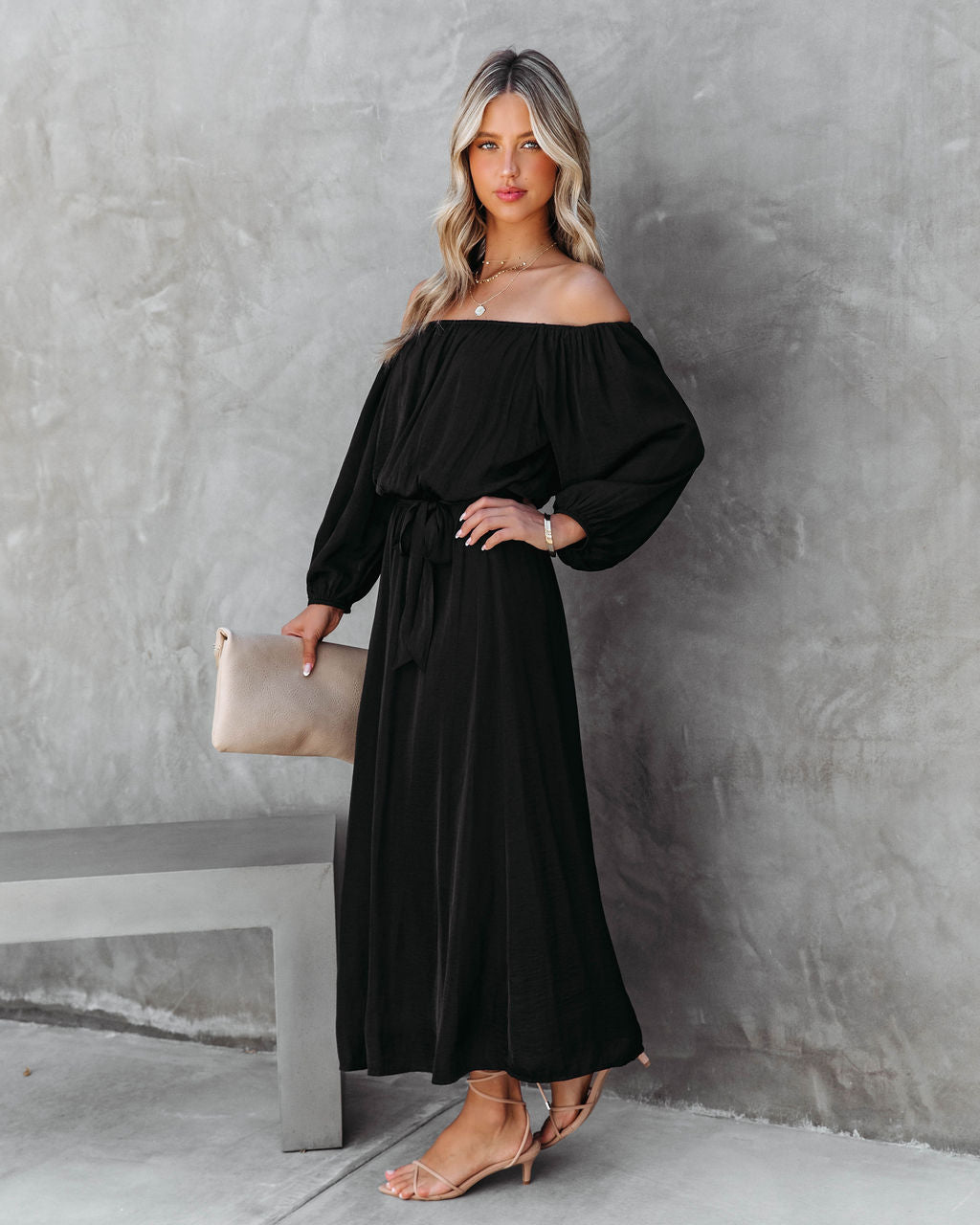 Echo Off The Shoulder Front Tie Midi Dress - Black