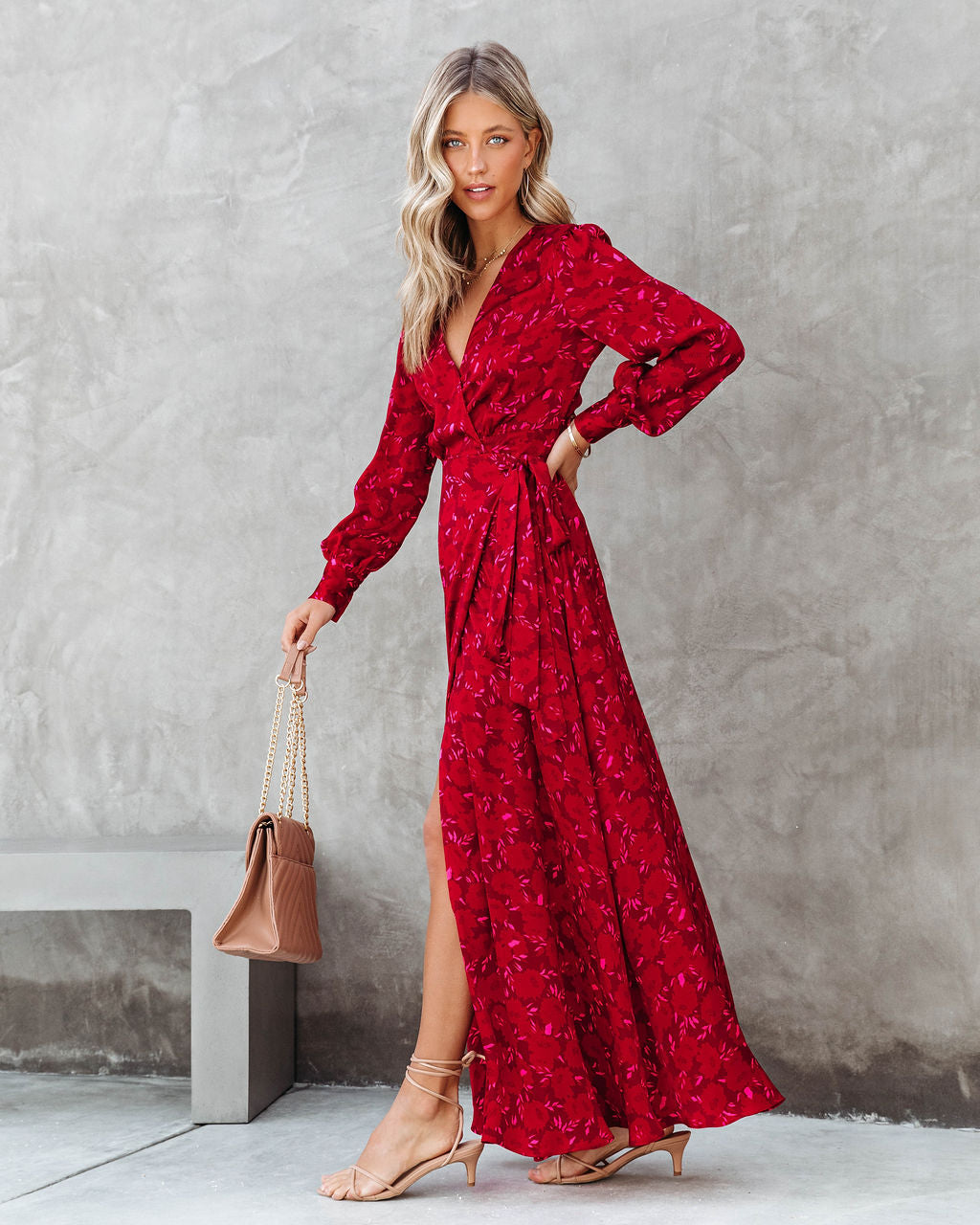 Lucia Satin Floral Wrap Maxi Dress - Red