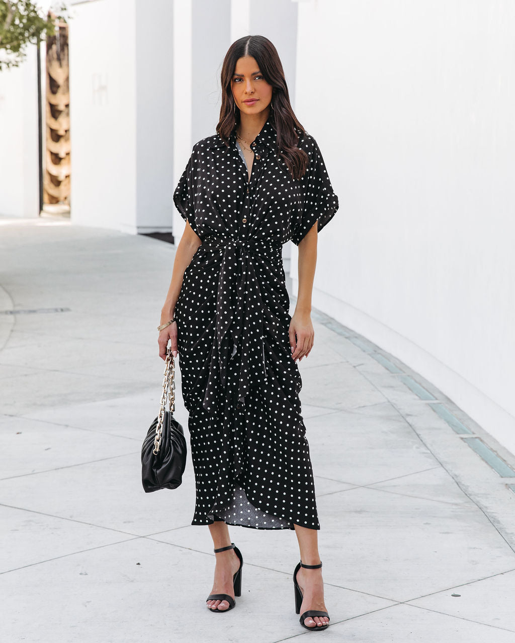 Aurielle Polka Dot Tie Front Midi Shirt Dress - Black - FINAL SALE