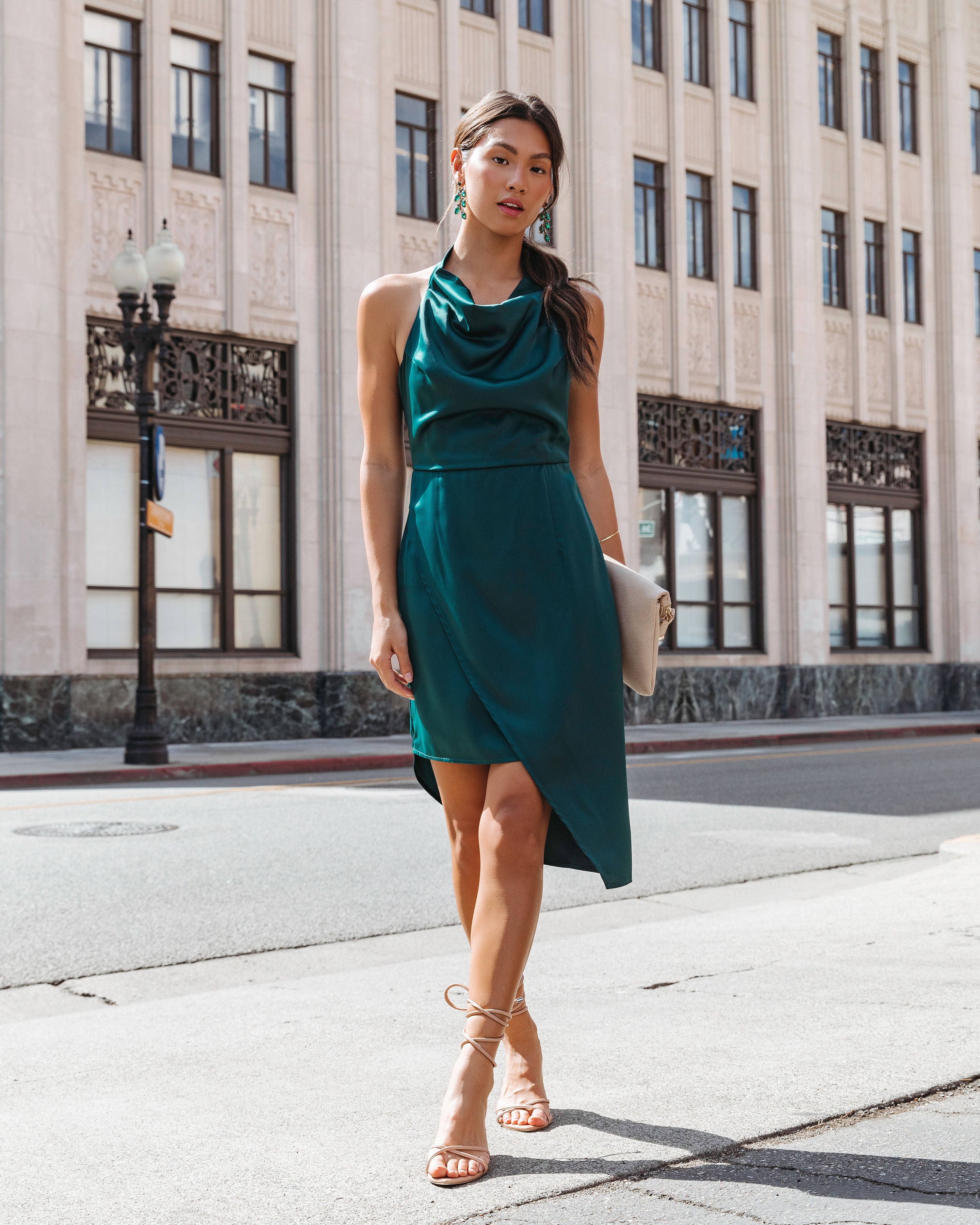 Kendra Satin Halter Cowl Neck Asymmetrical Midi Dress - Hunter Green