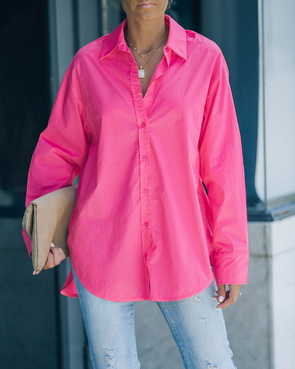 Leslie Button Up Cotton Top - Hot Pink - FINAL SALE