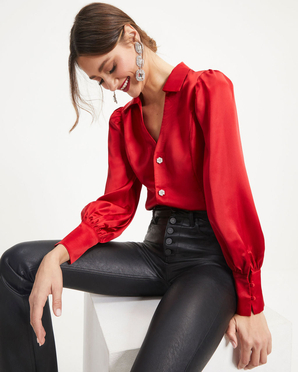 A Lovely Time Satin Embellished Button Down Top - Red