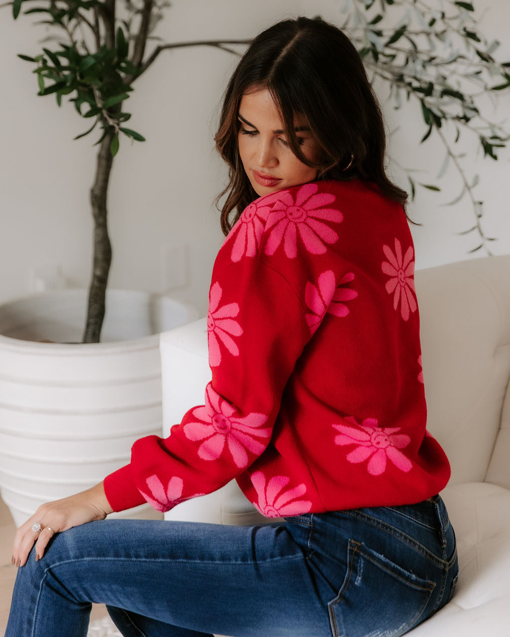 Oh Happy Daisy Pullover Sweater - Red