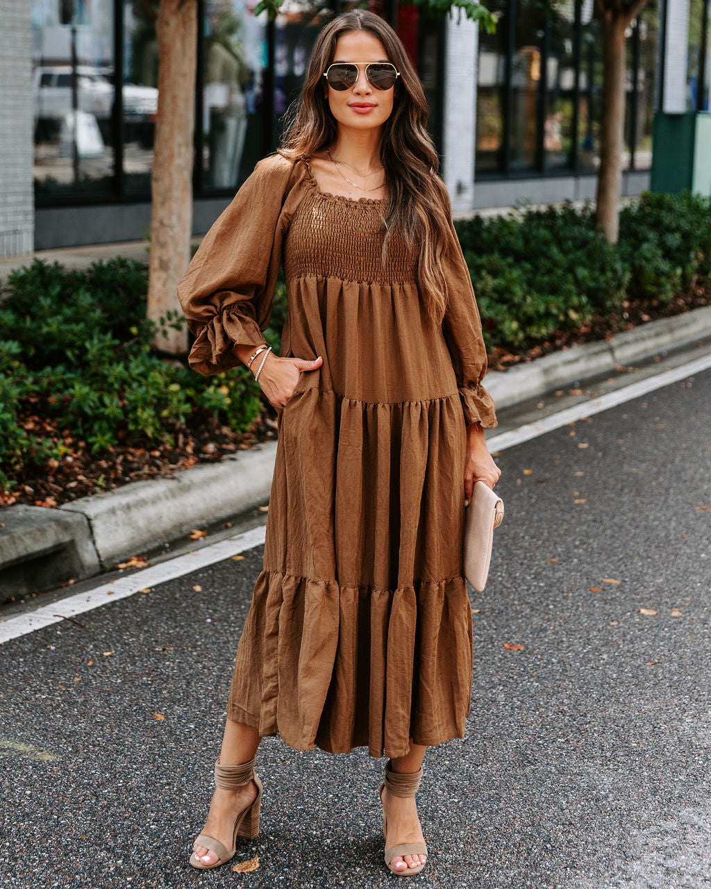 River Pocketed Puff Sleeve Midi Dress - Mocha