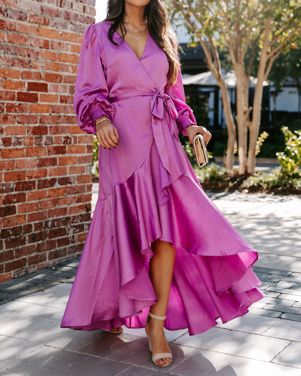 Irresistible Desire Satin Ruffle Maxi Dress - Fuchsia