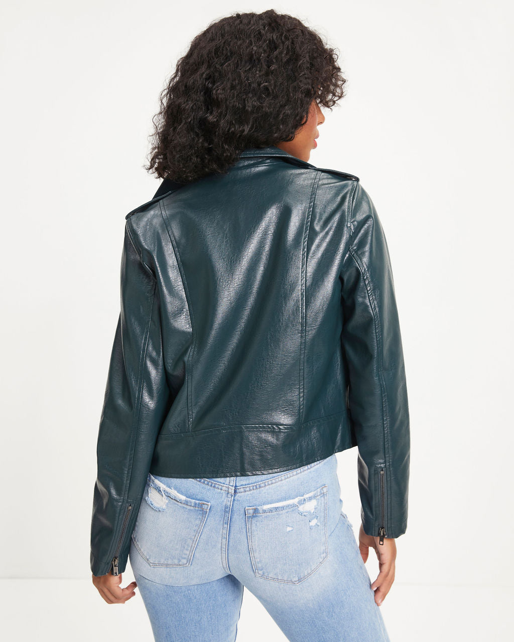 Jingle Bell Rock Pocketed Faux Leather Biker Jacket - Pine