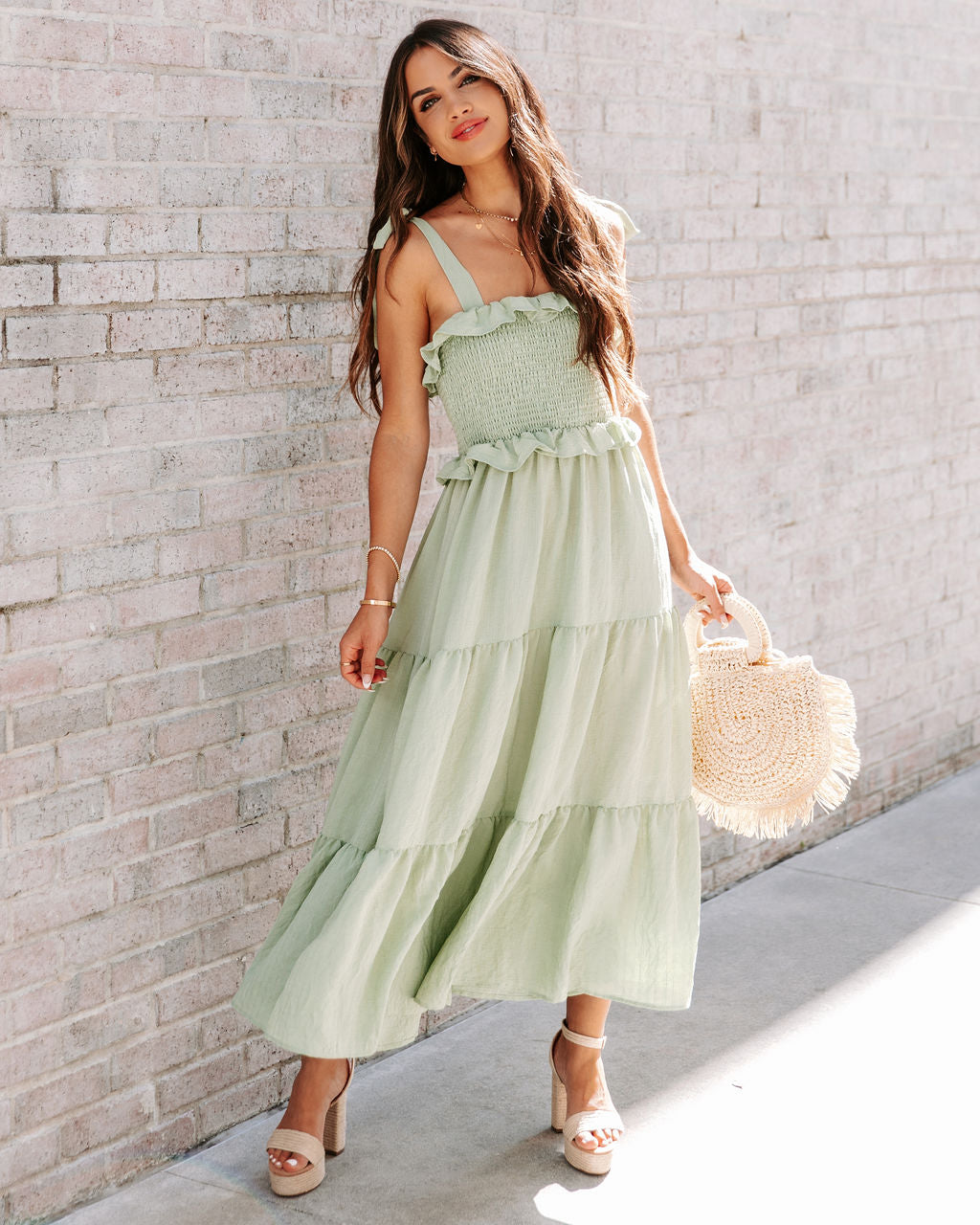 Lilibeth Smocked Tiered Midi Dress - Sage - SALE