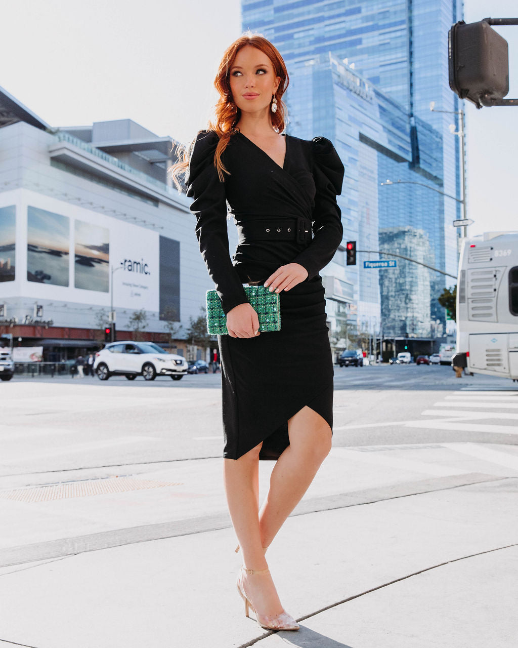 Certified Socialite Draped Puff Sleeve Belted Midi Dress - Black