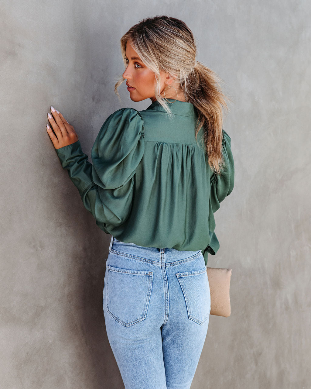 Southern Belle Puff Sleeve Button Down Top - Pine