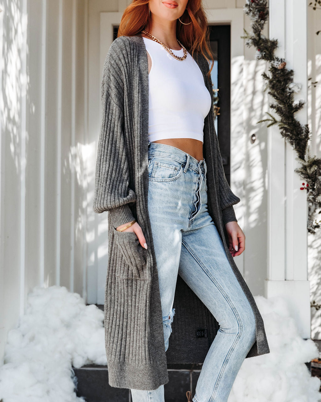 Snuggle Me Up Ribbed Pocketed Cardigan - Charcoal