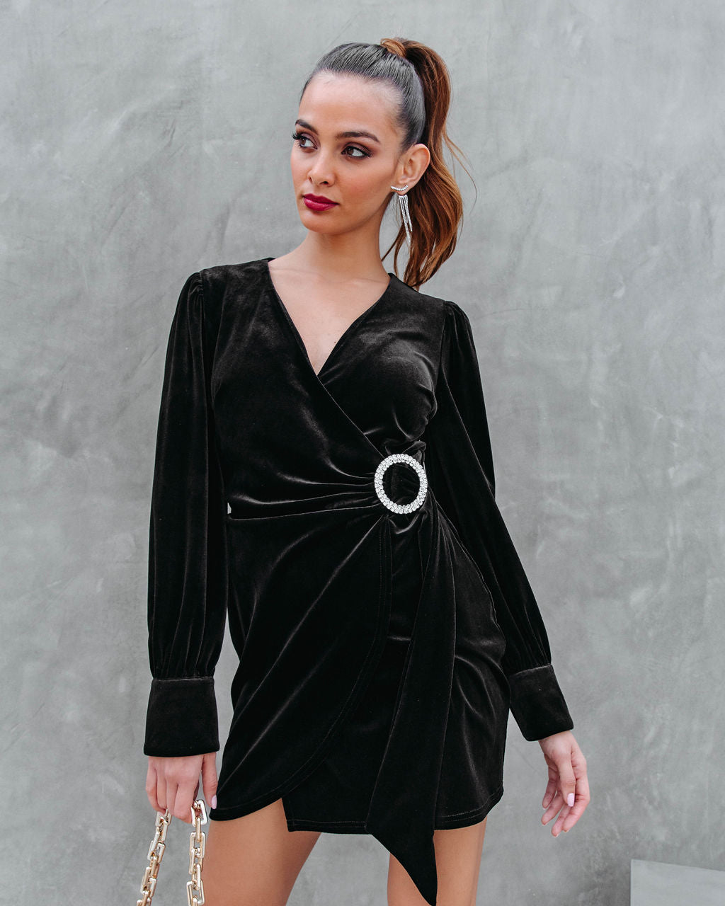 Million Dollar Baby Velvet Embellished Buckle Mini Dress - Black