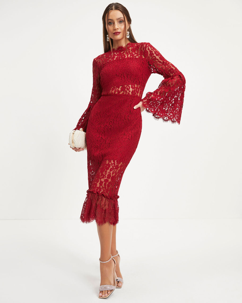 Love Story Baby Lace Bell Sleeve Midi Dress - Wine