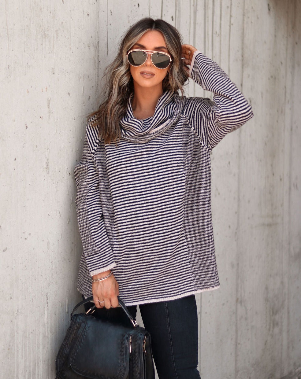 Theresa Striped Knit Cowl Neck Pullover Sweater