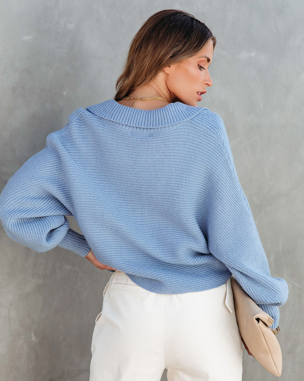 California Coast Knit Collared Pullover Sweater - Dusty Blue