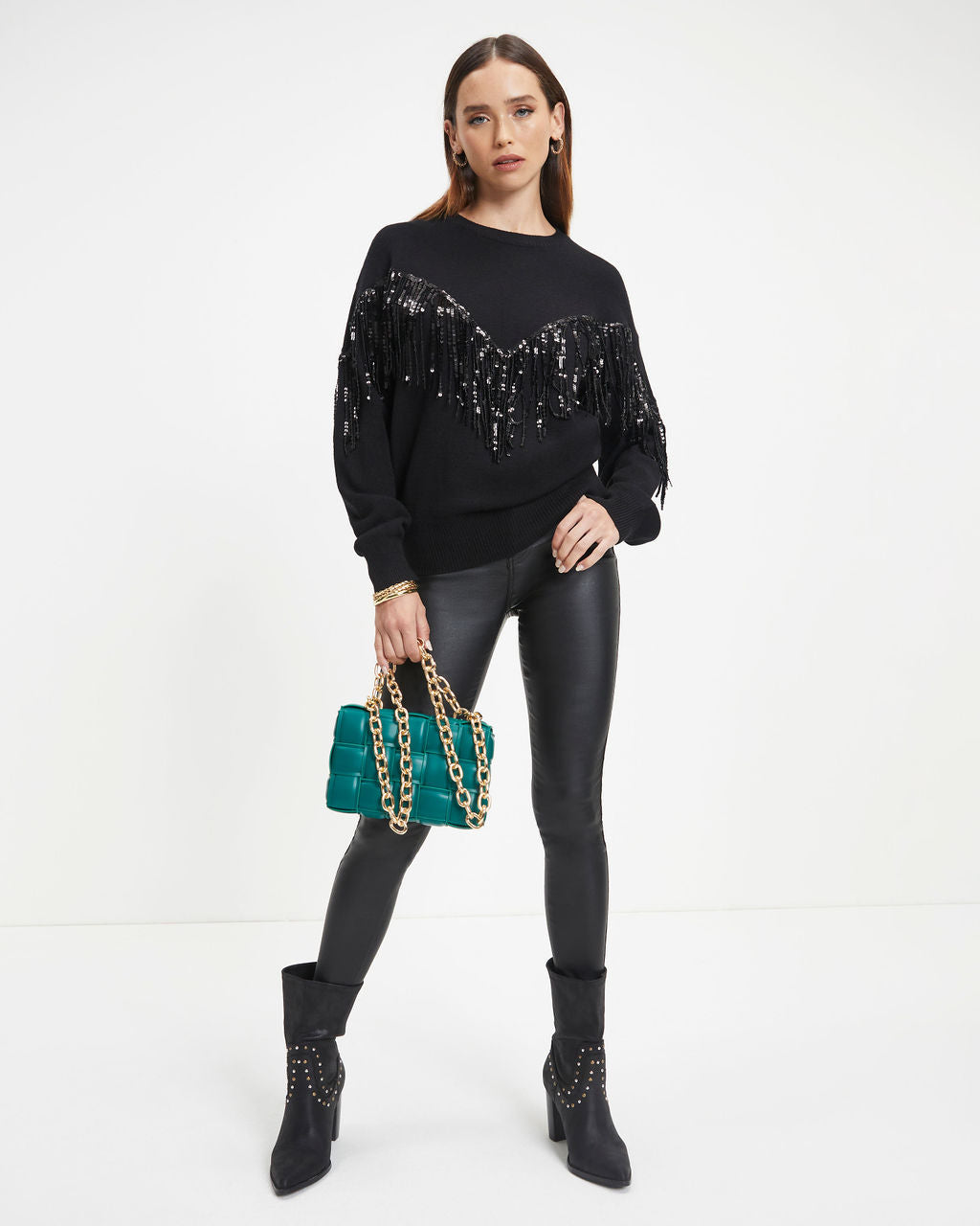 Western Glam Knit Fringe Sequin Pullover Sweater - Black