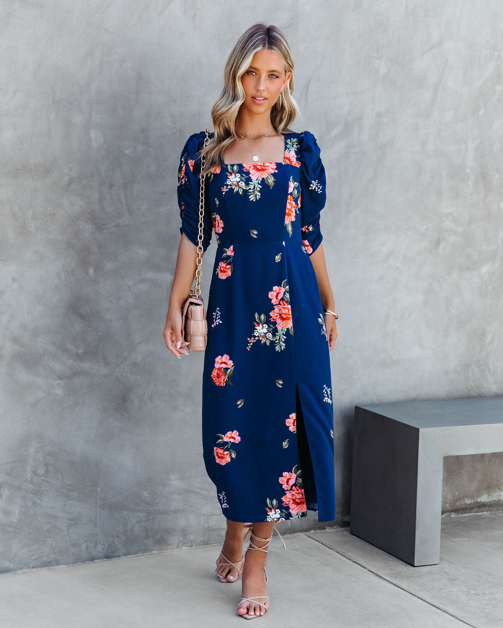 Life Is Peachy Floral Ruched Puff Sleeve Midi Dress - FINAL SALE