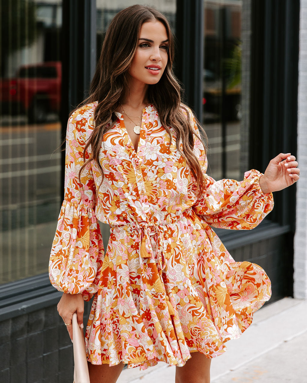 Groovy Doll Floral Adjustable Balloon Sleeve Dress